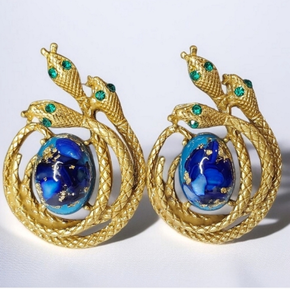 Chunky Gold Triple Coiled Snake Cabochon Crystal Earrings